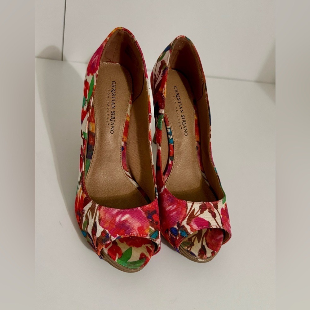 Christian Siriano Floral Peep Toe Heels Multicolor Platform Pumps Women 8W